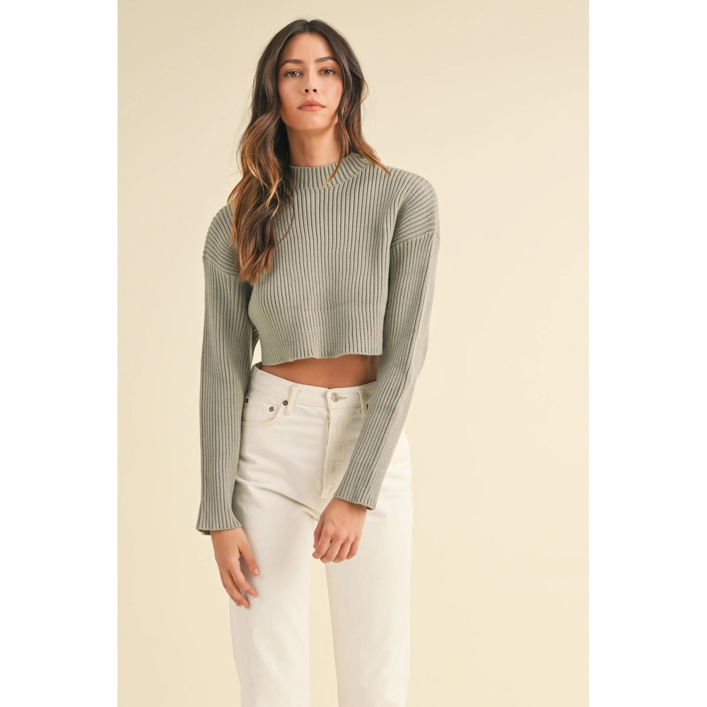 Mable Fenne Sage Ribbed Knit Cropped Long‎ Sleeve Mock Neck Sweater Women's M